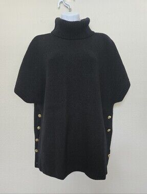 St John High Neck Wool Cashmere Black Poncho Pullover Sweater Size XL Classic